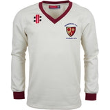 The Gray Nicolls Redmarley CC Pro Performance Sweater is a white, long-sleeve fleece with maroon cuffs and collar, club logo embroidery—REDMARLEY C.C. FOUNDED 1874—and black/red chest and shoulder patches, designed for lightweight comfort.