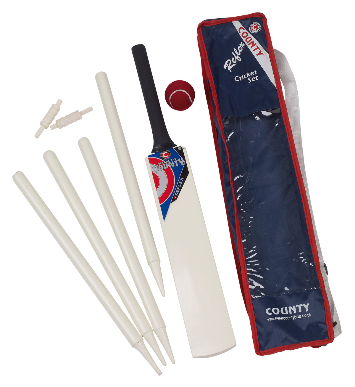 The Hunts County Reflex Junior Cricket Set (Size 5) includes a bat, red ball, four white stumps, two bails, and a blue carrying bag. Ideal for soft ball cricket, all items are shown on a white background.