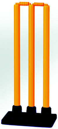 The Hunts County Reflex Flexi Practice Stumps by Hunts County feature three bright orange stumps with bails and sturdy rubber bases—perfect for training sessions—shown against a plain white background.