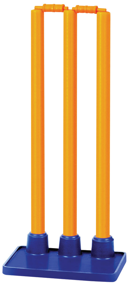 The Hunts County Reflex Flexi Stumps Package includes three bright orange stumps with a blue base and two bails—perfect cricket training equipment for practice sessions by Hunts County.