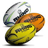 The Rhino Cyclone Rugby Ball by Rhino is crafted with 3-ply laminated construction and a 3-dimensional grain pattern for superior grip. Shown here in yellow, it features the Rhino logo and branding.