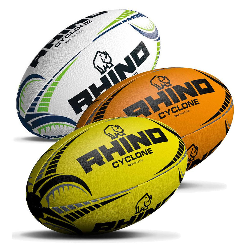The Rhino Cyclone Rugby Ball by Rhino is crafted with 3-ply laminated construction and a 3-dimensional grain pattern for superior grip. Shown here in yellow, it features the Rhino logo and branding.