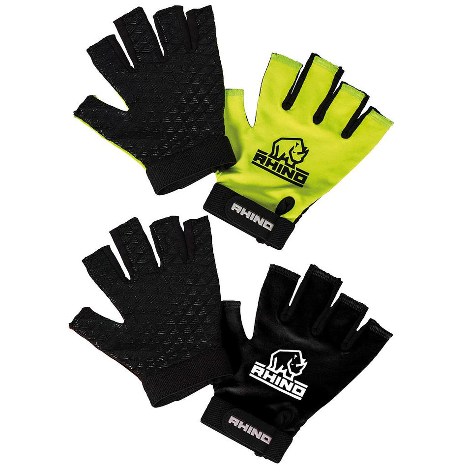 The Rhino Pro Half Finger Mitts Adult by Rhino are black, fingerless grip gloves with textured palms and a Rhino logo—ideal all-weather sports gloves for enthusiasts.