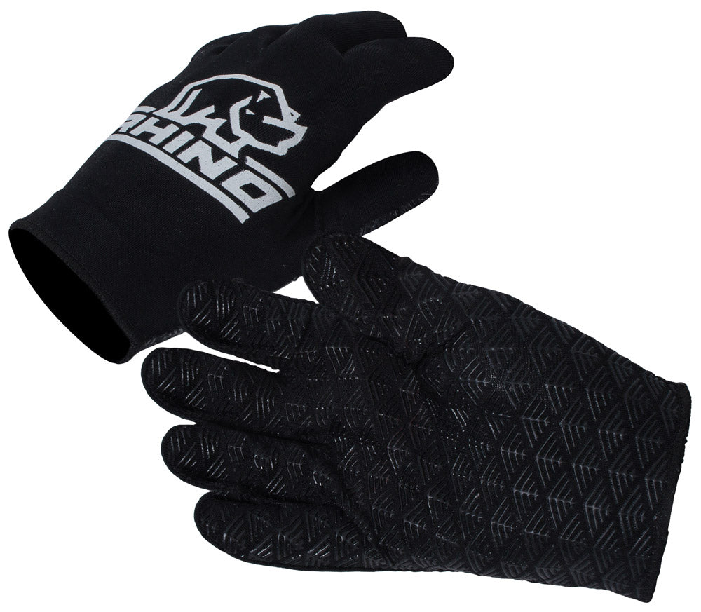 The Rhino Pro Full Finger Mitts Adult by Rhino are black gloves with one displaying a white rhino head logo and the other featuring a textured grip pattern on the palm and fingers.
