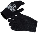 The Rhino Pro Full Finger Mitts Adult by Rhino are black gloves with one displaying a white rhino head logo and the other featuring a textured grip pattern on the palm and fingers.