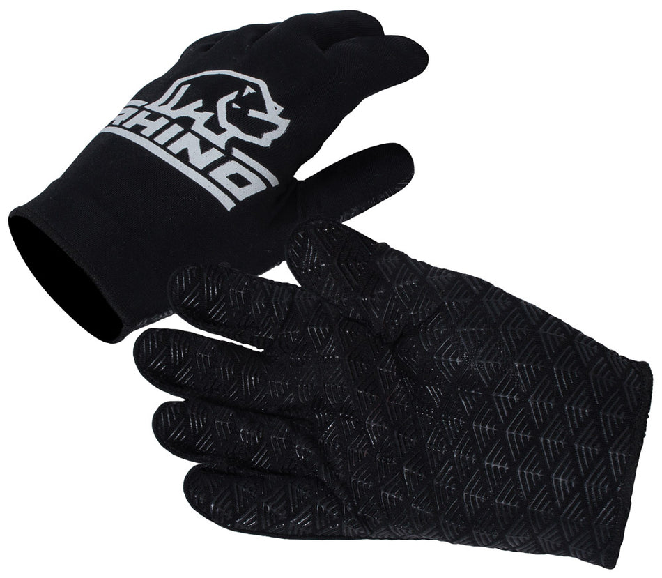The Rhino Pro Full Finger Mitts Adult by Rhino are black gloves with one displaying a white rhino head logo and the other featuring a textured grip pattern on the palm and fingers.