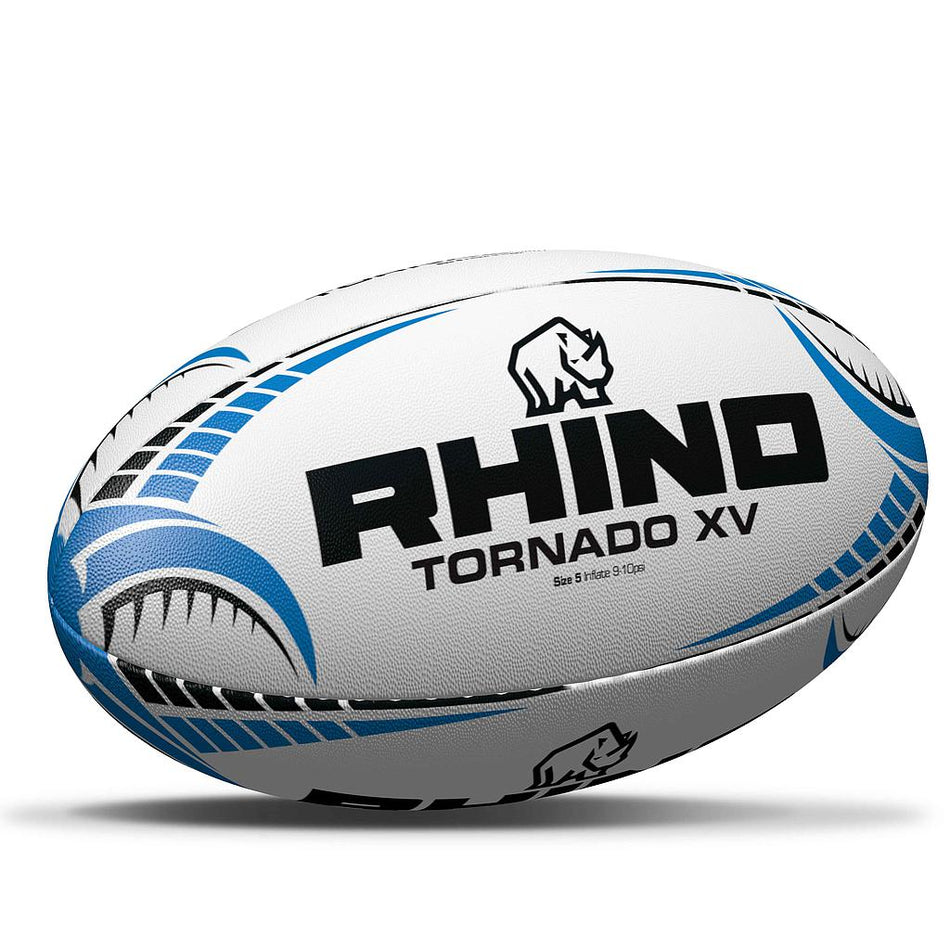 The Rhino Tornado XV Rugby Ball is a white, hand-stitched match ball with blue and black accents, the Rhino brand name, model name, and rhino logo—ideal for top-level play.