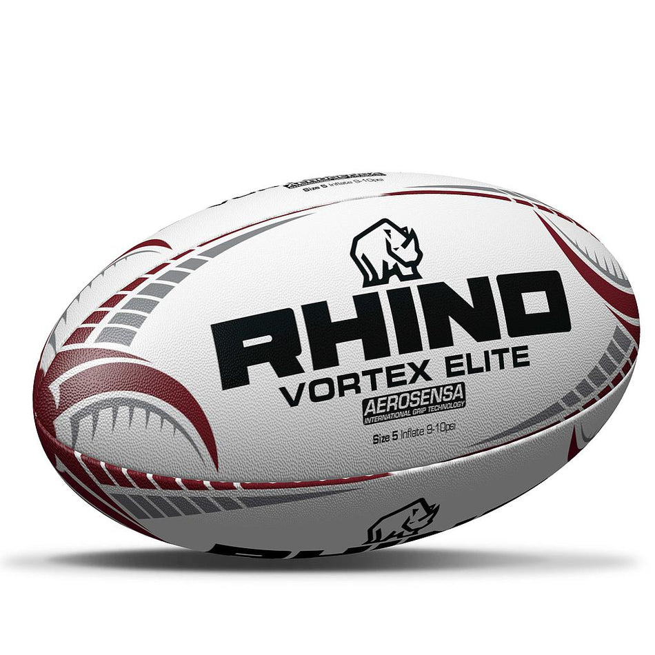 The Rhino Vortex Elite Rugby Ball by Rhino features maroon and gray accents, the Rhino logo, and bold black lettering. Designed for accurate flight, this professional-quality match ball is displayed on a white background.