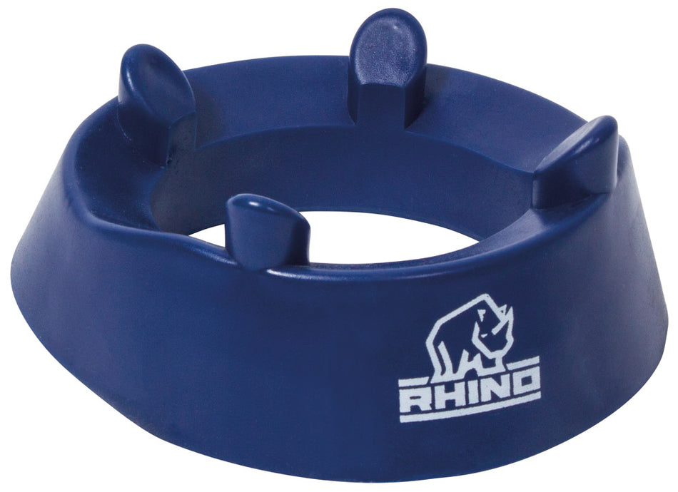 The Rhino Club Kicking Tee by Rhino is a blue plastic kicking tee with four upright slots and a white RHINO logo featuring a rhino graphic, suitable for all ages and perfect for athletes seeking consistent kicks.
