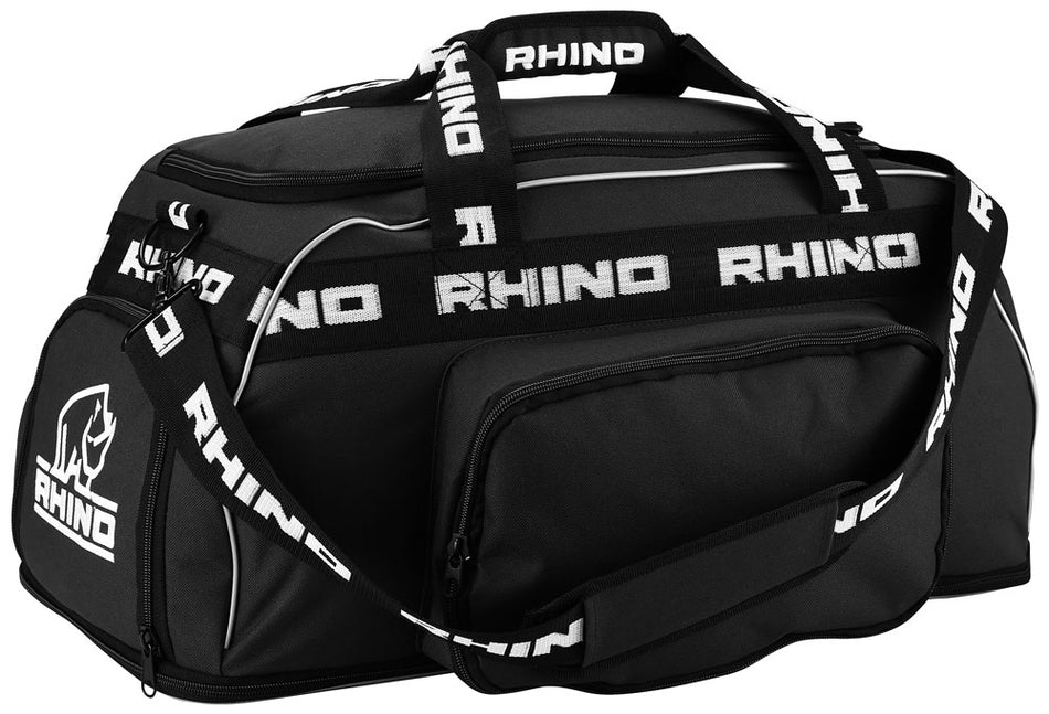 The Rhino Players Bag by Rhino is a spacious 69L black duffel with white piping, RHINO branding, and a rhino logo. It includes multiple zippered compartments and a wet storage section, plus branding on the side and black shoulder strap.