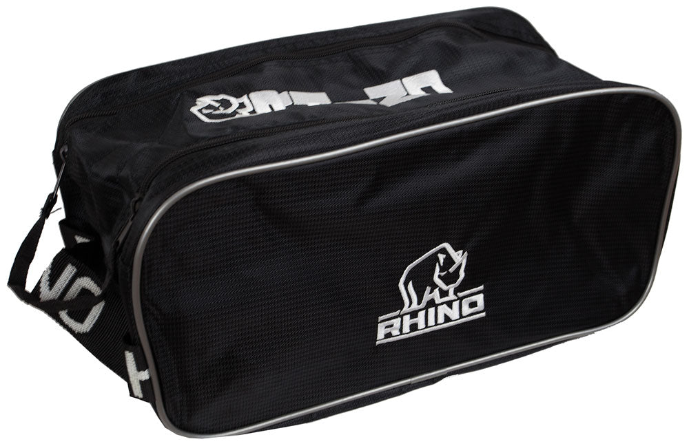 The Rhino Shoe Bag by Rhino is a black duffel with a white RHINO logo, rhinoceros graphic, carry handle, shoulder strap, double zip opening, and secure zipper closure.