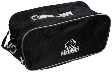 The Rhino Shoe Bag by Rhino is a black duffel with a white RHINO logo, rhinoceros graphic, carry handle, shoulder strap, double zip opening, and secure zipper closure.
