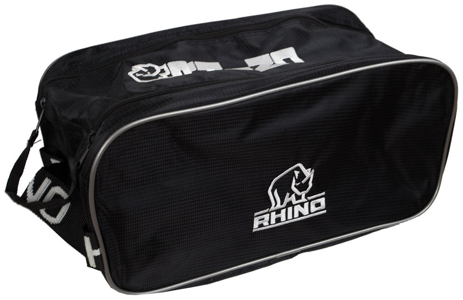 The Rhino Shoe Bag by Rhino is a black duffel with a white RHINO logo, rhinoceros graphic, carry handle, shoulder strap, double zip opening, and secure zipper closure.