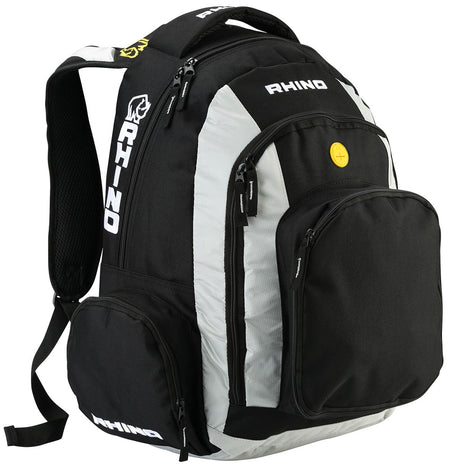 The Rhino Rucksack by Rhino is a black and gray 32L laptop backpack with multiple zippered compartments, side pockets, padded shoulder straps, top handle, and features the RHINO logo plus a yellow circular emblem on the front pocket.