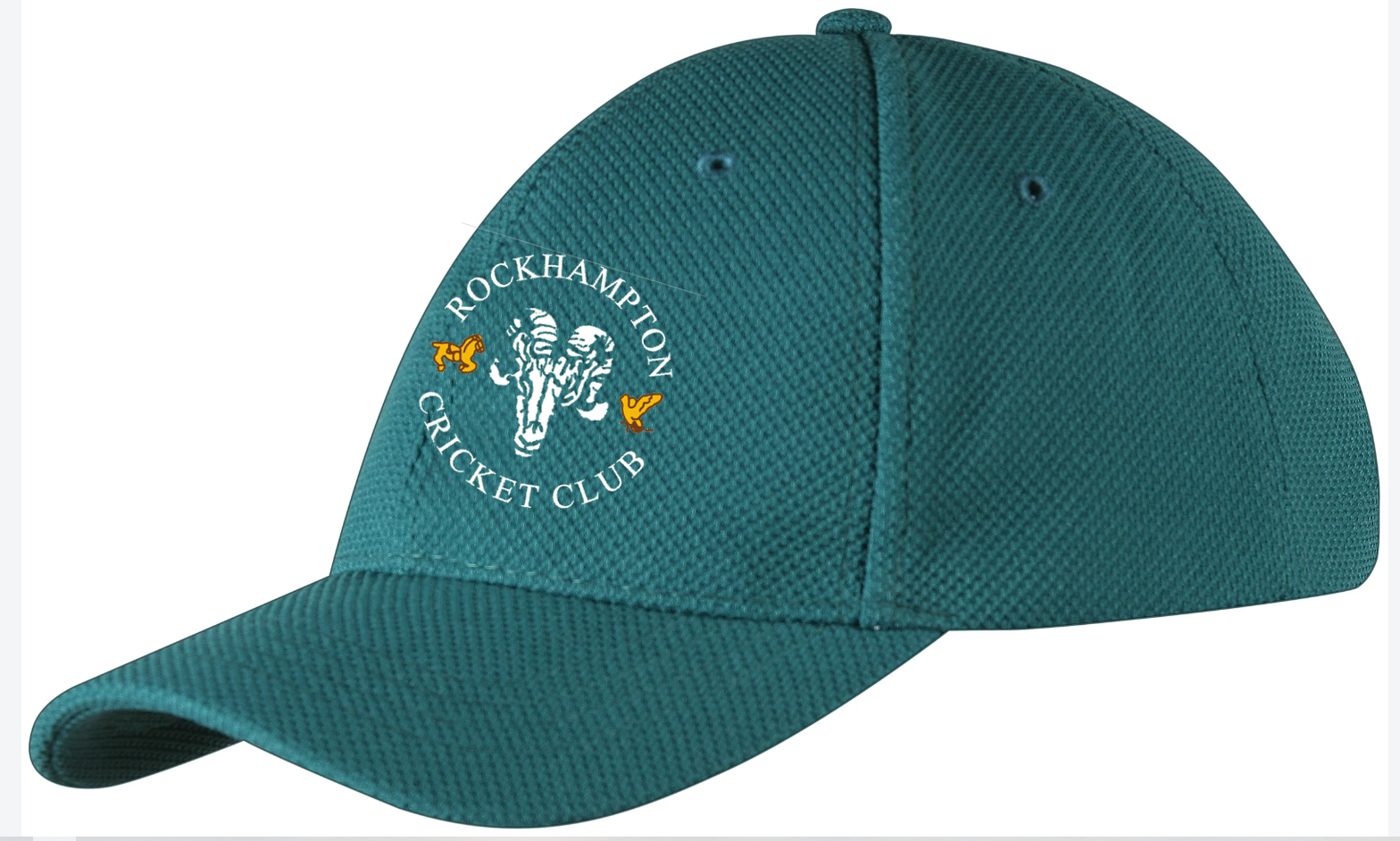 The Gray Nicolls Rockhampton CC Cricket Cap is green and showcases the club logo—a ram's head and two yellow butterflies—on the front panel.