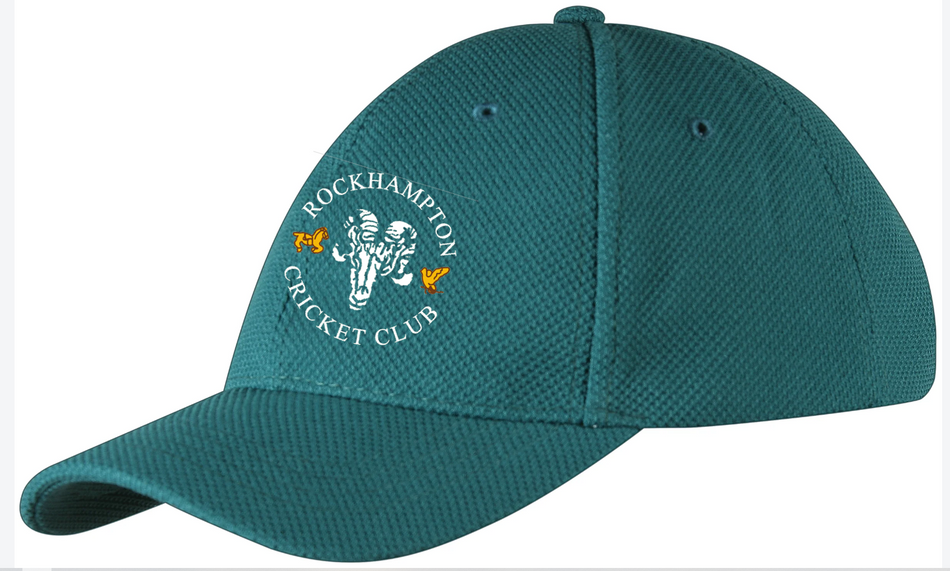 The Gray Nicolls Rockhampton CC Cricket Cap is green and showcases the club logo—a ram's head and two yellow butterflies—on the front panel.