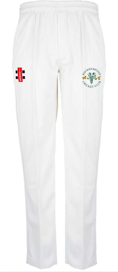 The Gray Nicolls Rockhampton CC Matrix V2 Junior Cricket Trousers are white with an embroidered club logo on the right thigh, a red and black patch on the left thigh, and feature a tapered fit for comfort and style.