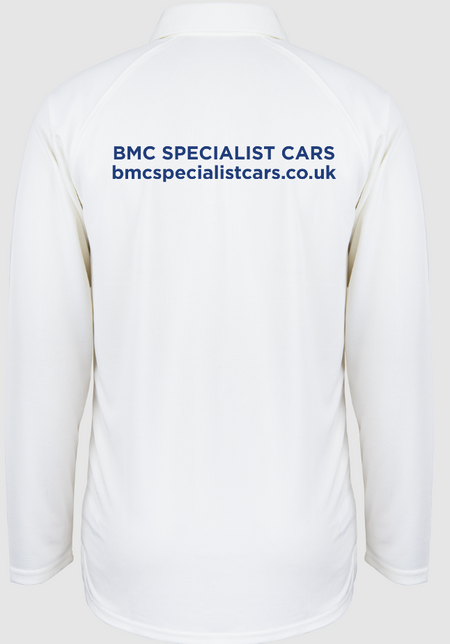 The Rockhampton CC Matrix V2 Playing Shirt - Senior by Gray Nicolls is a long-sleeve, white shirt with BMC SPECIALIST CARS and bmcspecialistcars.co.uk in blue across the upper back, made from Matrix V2 fabric for advanced moisture control and comfort.
