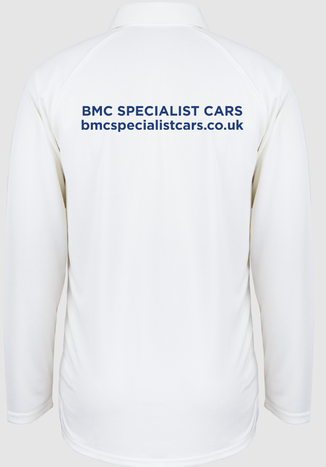 The Rockhampton CC Matrix V2 Playing Shirt - Senior by Gray Nicolls is a long-sleeve, white shirt with BMC SPECIALIST CARS and bmcspecialistcars.co.uk in blue across the upper back, made from Matrix V2 fabric for advanced moisture control and comfort.