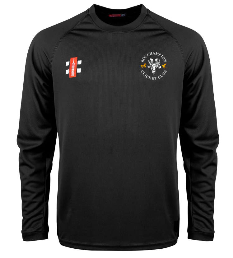 The Gray Nicolls Rockhampton CC Matrix V2 L/S T-Shirt - Junior is a black active training shirt with moisture-wicking fabric, featuring the Rockhampton Cricket Club and ram logo on the left chest and two sponsor logos on the right.