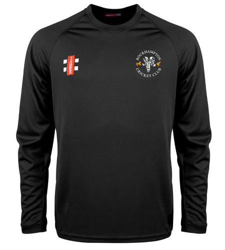 The Gray Nicolls Rockhampton CC Matrix V2 L/S T-Shirt - Senior is a black, long-sleeve training top with the club logo on the left chest, two sponsor logos on the right, moisture-wicking fabric, crew neckline, and ribbed cuffs.