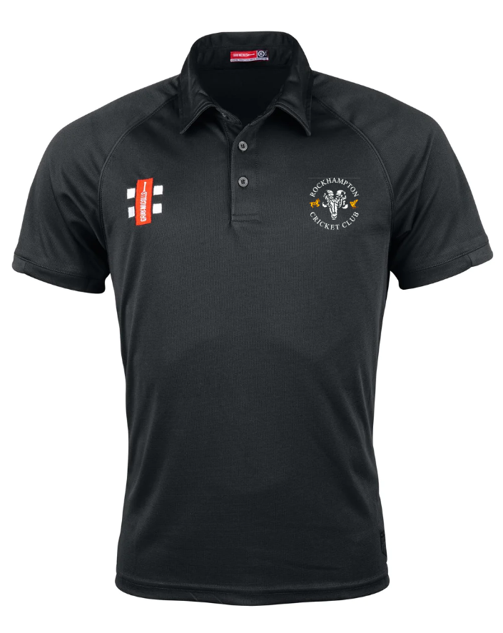 The Gray Nicolls Rockhampton CC Matrix V2 Polo Shirt – Senior is a black, short-sleeved, moisture-wicking polo with a collar, featuring the Rockhampton Cricket Club logo on the left chest and a red and white patch on the right chest.