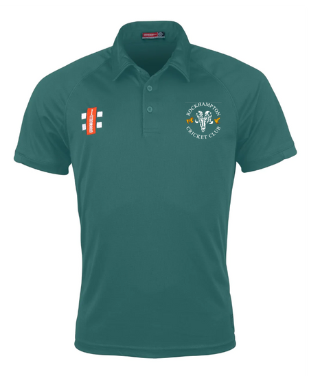 The Gray Nicolls Rockhampton CC Matrix V2 Polo Shirt - Junior features moisture-wicking fabric, a "Rockhampton Cricket Club" and bull logo on the left chest, plus a small orange and white patch on the right—ideal for training.