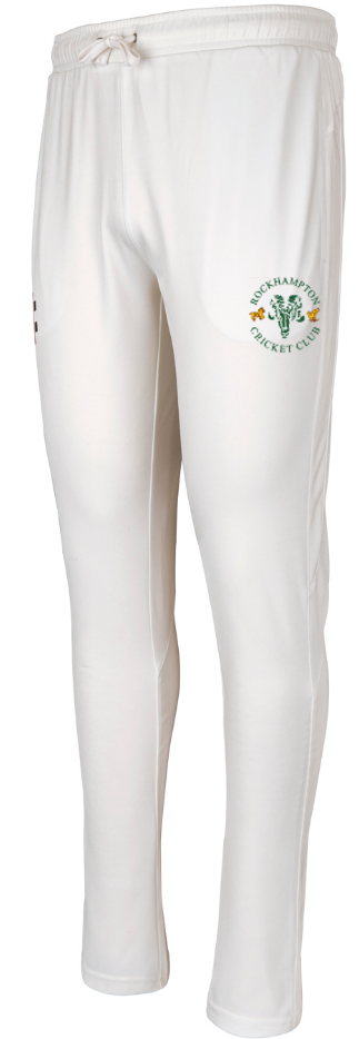 The Gray Nicolls Rockhampton CC Pro Performance Cricket Trouser features a drawstring waist, slim fit, and Rockhampton CC logo on the right thigh—a plain white design ideal for match days.