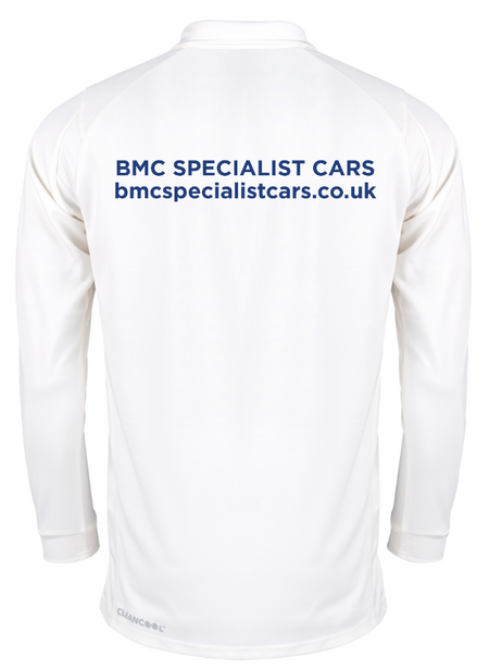 The Gray Nicolls Rockhampton CC Matrix V2 Long Sleeved Playing Shirt - Senior is a white, breathable sportswear cricket shirt with BMC SPECIALIST CARS and bmcspecialistcars.co.uk printed in blue on the back.