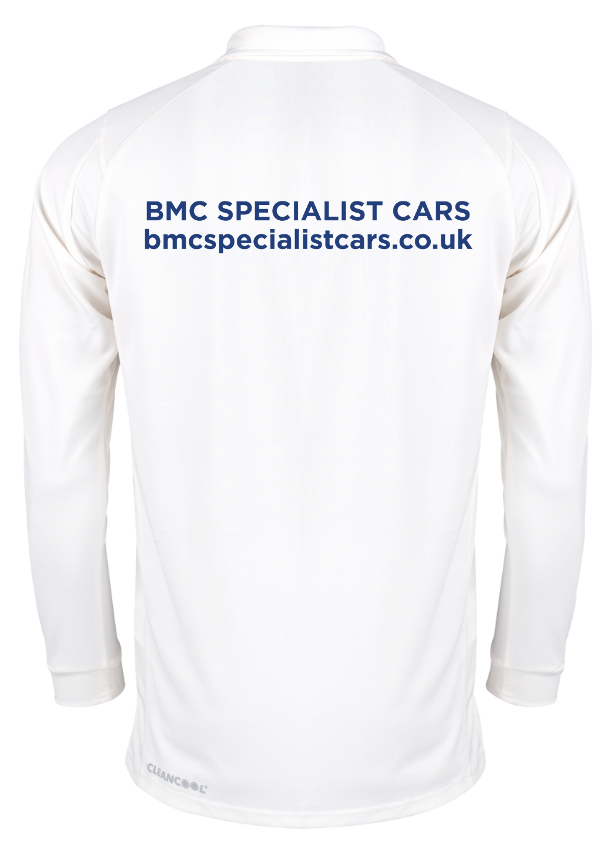 The Gray Nicolls Rockhampton CC Matrix V2 Long Sleeved Playing Shirt - Senior is a white, breathable sportswear cricket shirt with BMC SPECIALIST CARS and bmcspecialistcars.co.uk printed in blue on the back.