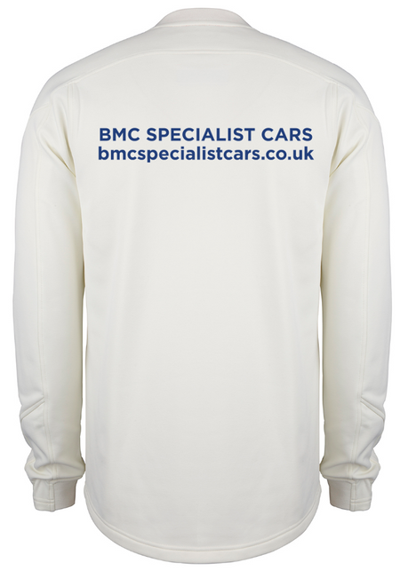 The back of the Gray Nicolls Rockhampton CC Pro Performance Sweater - Senior in white shows blue text reading BMC SPECIALIST CARS and bmcspecialistcars.co.uk across the upper back.