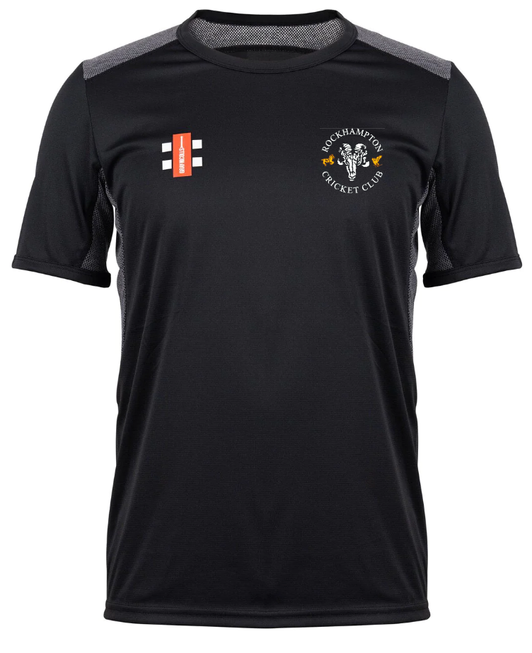 The Rockhampton CC Pro Performance T-Shirt - Junior by Gray Nicolls is black with the club logo on the left chest, a red/white rectangular emblem on the right, and athletic mesh panels for lightweight, fast-drying comfort.