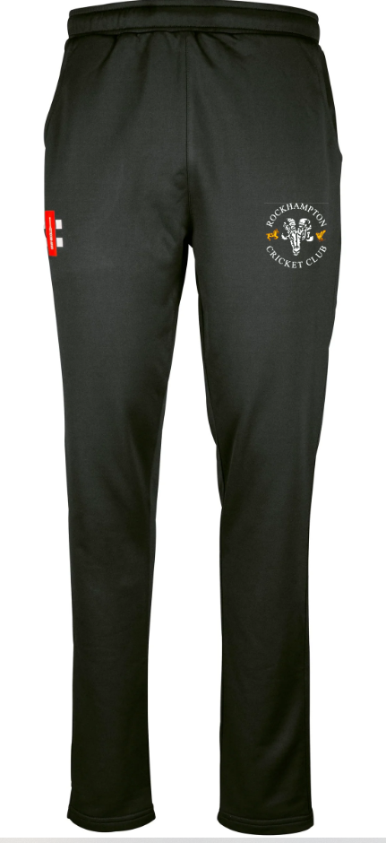 The Gray Nicolls Rockhampton CC Pro Performance Training Trousers - Junior are black, tailored-fit pants featuring the Rockhampton Cricket Club logo and emblem on the right thigh and a small red and white rectangular logo on the left.