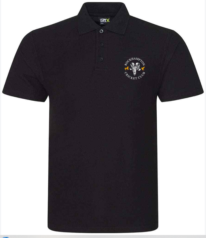 The Rockhampton CC RTX Senior Polo Shirt by Martin Berrill Sports features a black design with an embroidered white and orange club logo on the left chest, cricket-themed center logo, and is made from comfortable polyester cotton fabric.