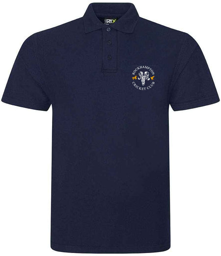 The Rockhampton CC RTX Senior Polo Shirt by Martin Berrill Sports is a navy blue polyester-cotton polo with a collar, three buttons, and the club's white and yellow cricket-themed embroidered logo on the left chest.
