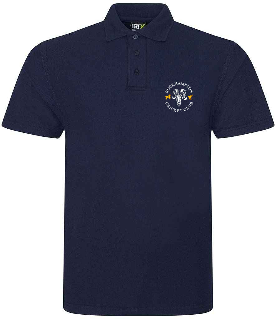 The Rockhampton CC RTX Senior Polo Shirt by Martin Berrill Sports is a navy blue polyester-cotton polo with a collar, three buttons, and the club's white and yellow cricket-themed embroidered logo on the left chest.