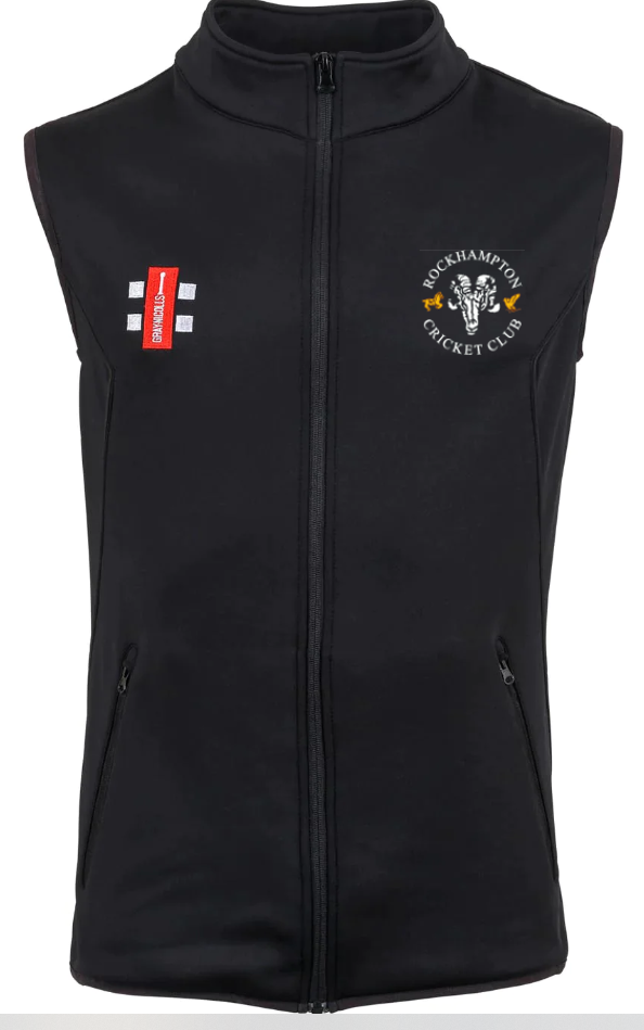The Gray Nicolls Rockhampton CC Black Storm Bodywarmer is sleeveless and features the club logo on the left chest plus a small red and white emblem with three vertical lines on the right chest.