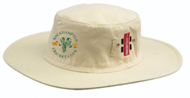 The cream Rockhampton CC Sunhat by Gray Nicolls is made from heavy duty cotton, features a wide brim, green cricket logo and club name on the front, and a small Australian flag patch on the side.