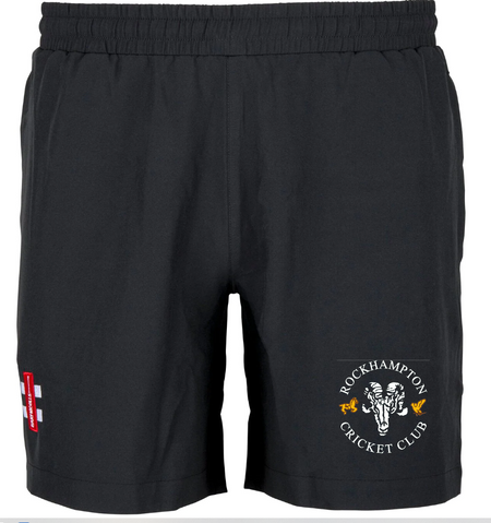 The Gray Nicolls Rockhampton CC Velocity Shorts - Junior feature an elastic waistband, the club logo and name on the right leg, and a red-and-white patch on the left—ideal training shorts for young Rockhampton Cricket Club fans.