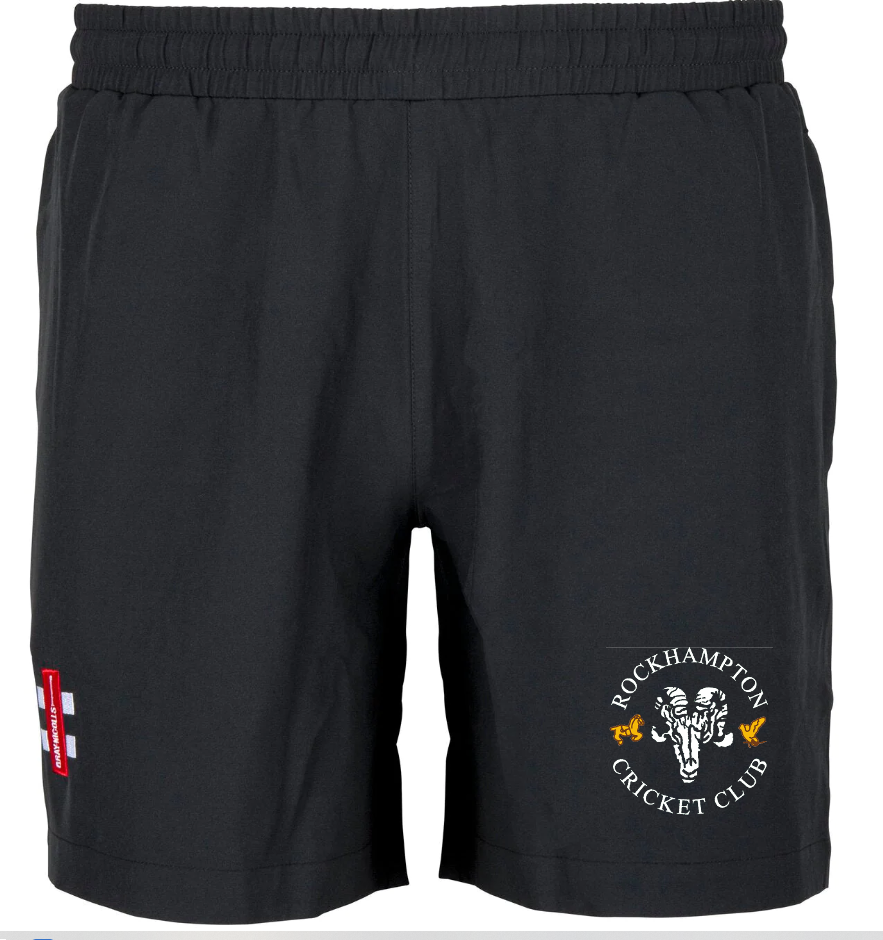 The Gray Nicolls Rockhampton CC Velocity Shorts - Junior feature an elastic waistband, the club logo and name on the right leg, and a red-and-white patch on the left—ideal training shorts for young Rockhampton Cricket Club fans.