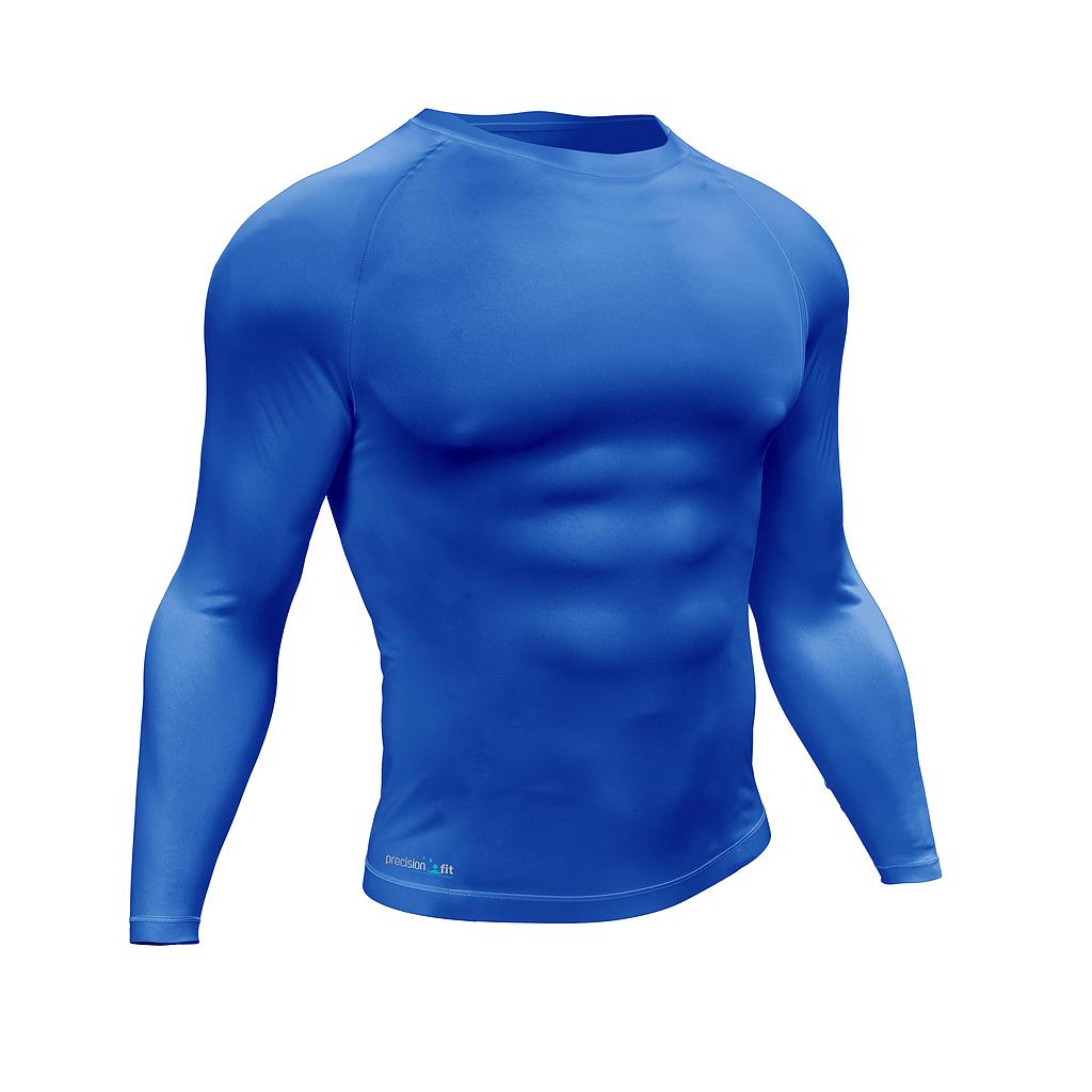 The Precision Training Precision Essential Baselayer Long Sleeve Shirt Adult in blue is shown on a muscular mannequin against a white background—perfect for muscle recovery and cold weather workouts.