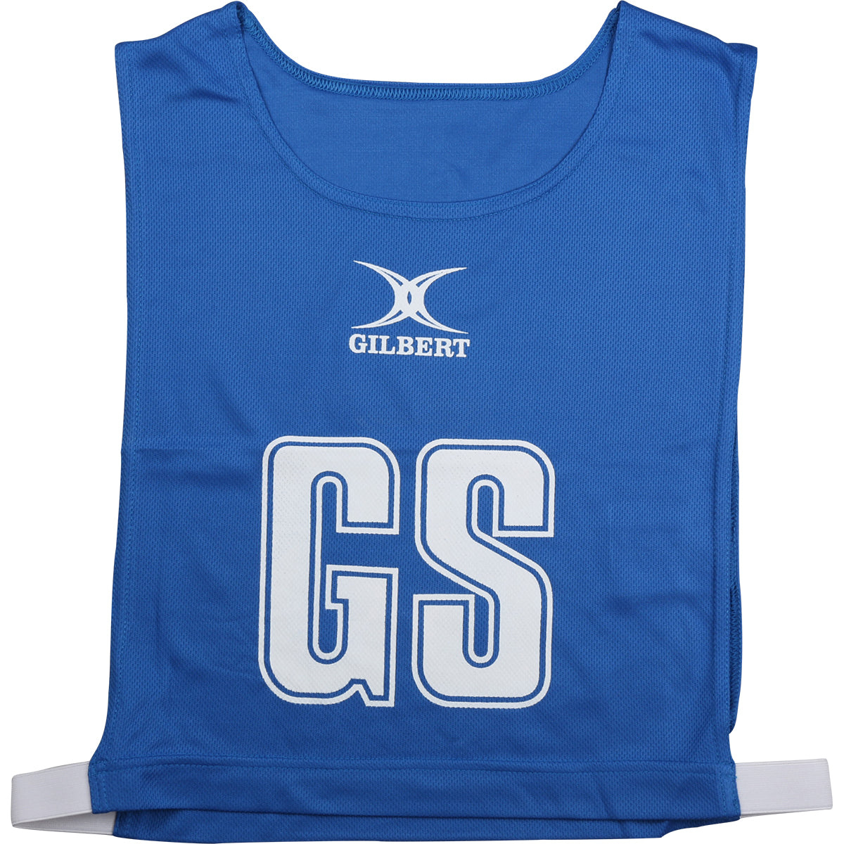 A royal Gilbert Netball Bib with white "GS" text, brand name, and logo above the letters. Made from breathable polyester, the bib is shown flat on a white background.