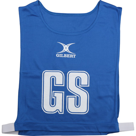 A royal Gilbert Netball Bib with white "GS" text, brand name, and logo above the letters. Made from breathable polyester, the bib is shown flat on a white background.
