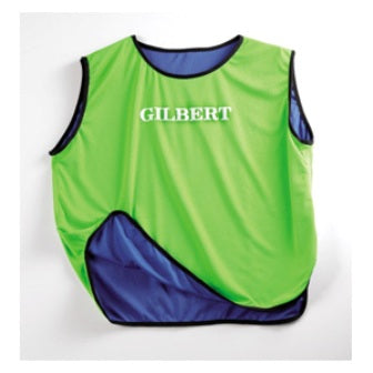 The Gilbert Rugby Reversible Training Bib is a sleeveless adult bib in bright green with black trim, GILBERT in white on the front, a blue side panel, and is ideal for team practices. Brand: Gilbert. Shown against a white background.