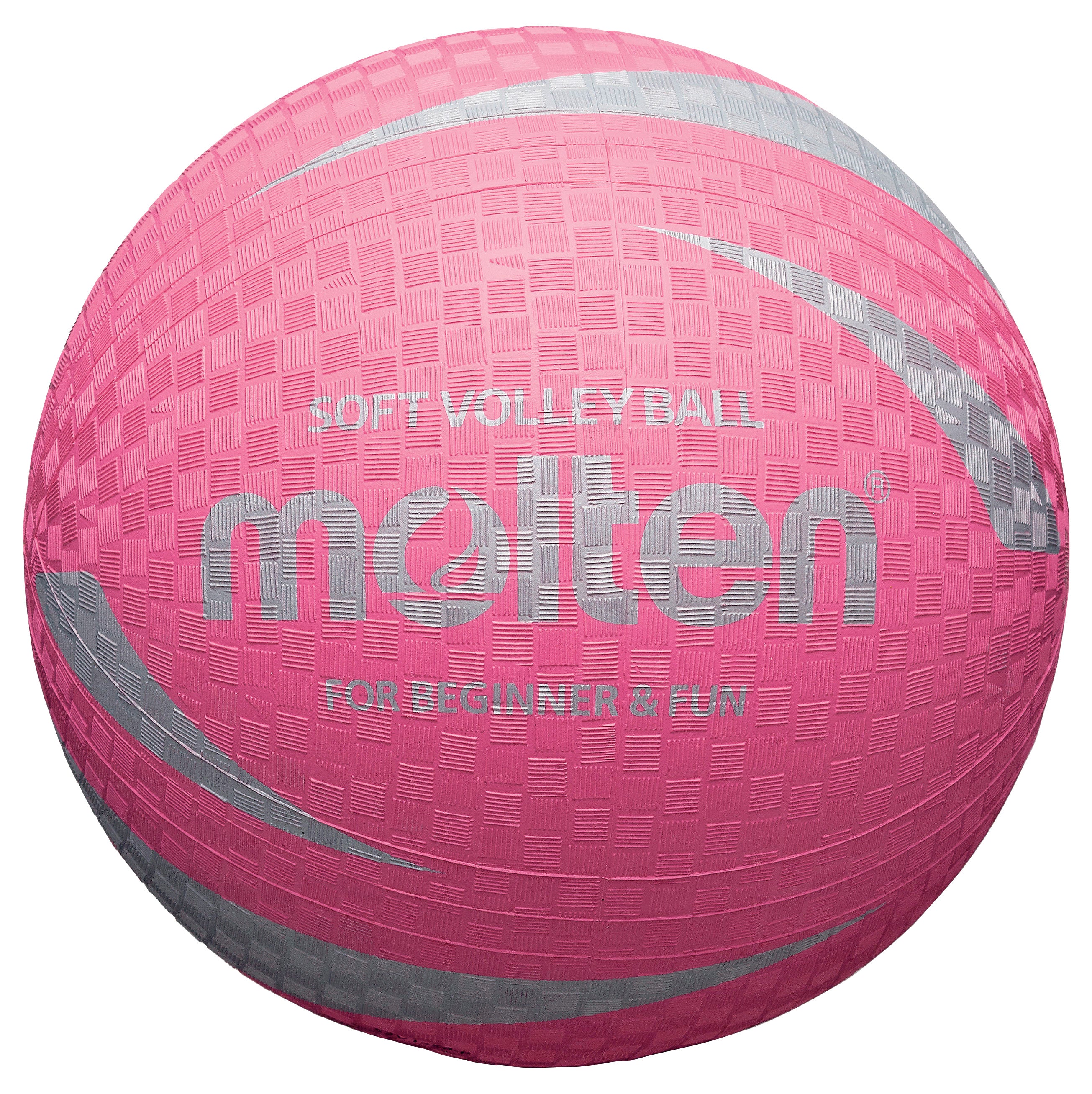 The Molten S2V1250 Soft Rubber Volleyball - Pink features silver patterns and “Soft Volleyball For Beginner & Fun” text, making it perfect as a training ball for beginners.