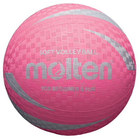 The Molten S2V1250 Soft Rubber Volleyball - Pink features silver patterns and “Soft Volleyball For Beginner & Fun” text, making it perfect as a training ball for beginners.