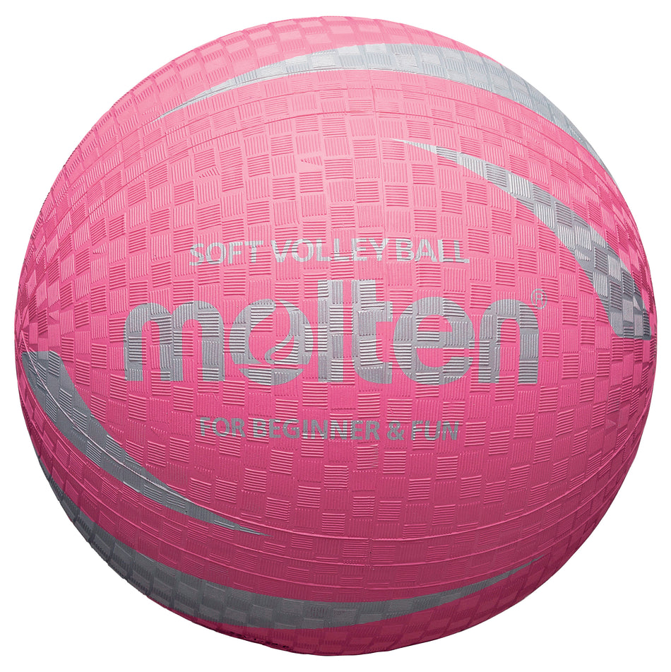 The Molten S2V1250 Soft Rubber Volleyball - Pink features silver patterns and “Soft Volleyball For Beginner & Fun” text, making it perfect as a training ball for beginners.