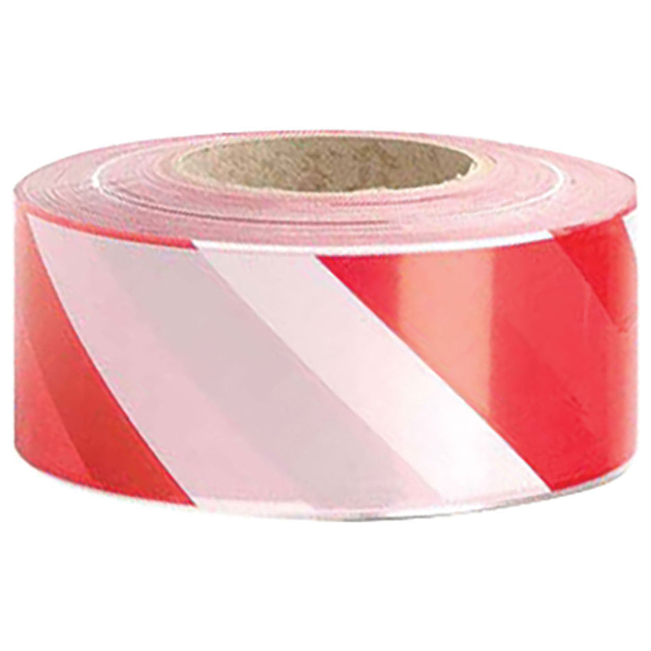The Bishop Sports Course Marking Barrier Tape is a polyethylene roll with red and white stripes, ideal for marking off restricted or hazardous areas and for course marking.