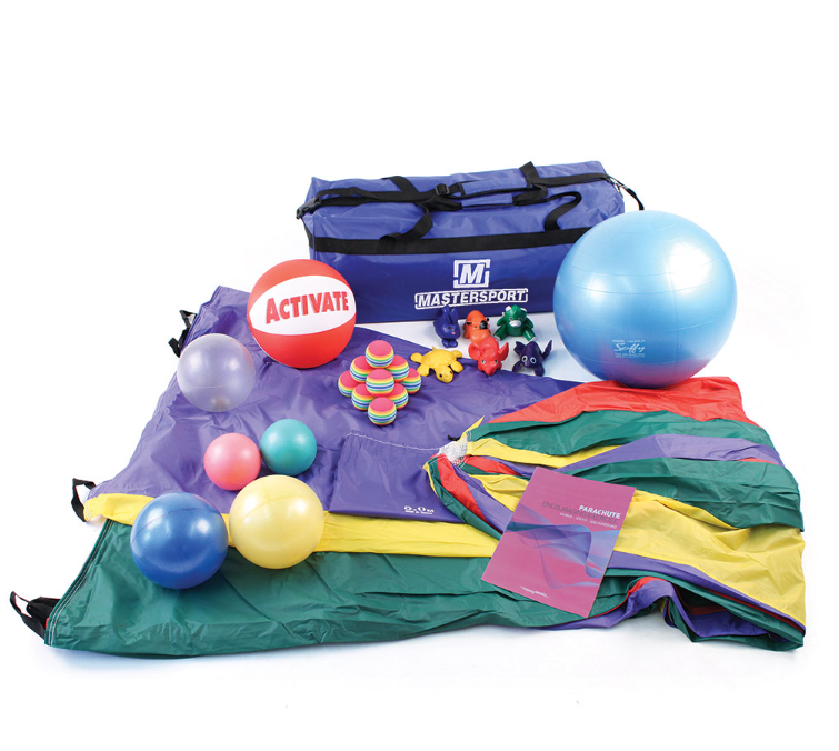The Mastersport Deluxe Parachute and Accessories set features colorful balls, beanbags, a parachute, stackable discs, a blue holdall bag, and an instruction booklet—an ideal teaching resource displayed on a white background.
