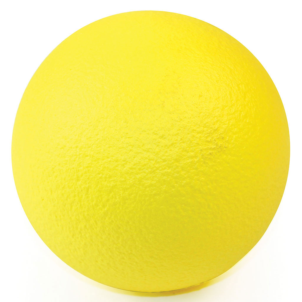 The Mastersport Coated Foam Ball (15cm) is shown against a white background. Its bright yellow, easy-to-clean textured surface makes it ideal for both indoor and outdoor play.